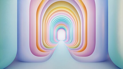 Vibrant abstract tunnel with multi-colored arches leading to a light source, creating a dreamlike atmosphere