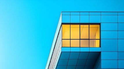Modern blue building corner with lit windows against a clear sky