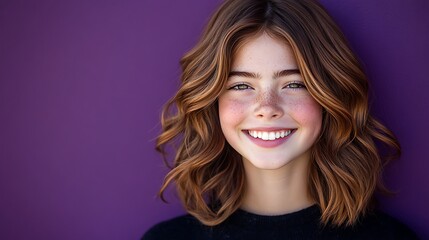 Naklejka premium Girl Smiling Against Purple Wall