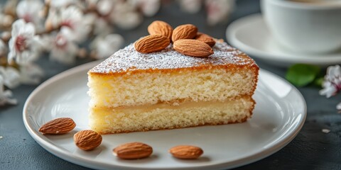 Delicious almond cake with powdered sugar served on a plate beside coffee, adorned with nuts and flowers
