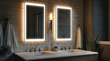 A contemporary bathroom with LED-backlit mirrors and complementing wall lamps.