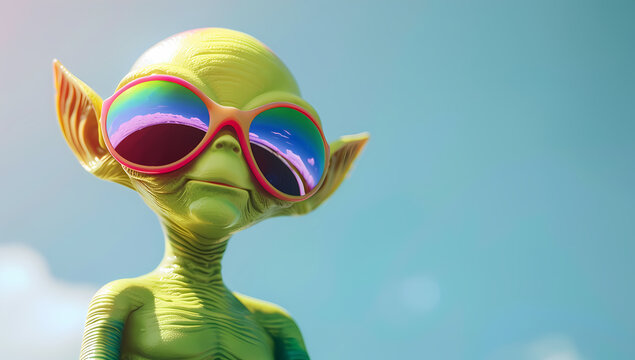 Cute green alien wearing sunglasses on a blue background