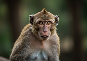 Fototapeta premium Macaque Stares with Amber Eyes in Blurred Forest