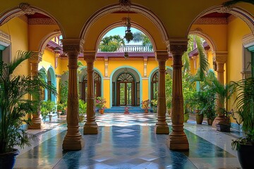 Obraz premium Ornate Courtyard With Yellow Walls and Blue Accents