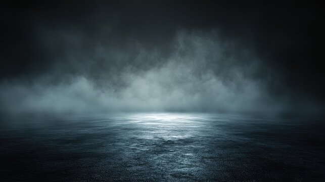 Dark desolate landscape covered in mist with reflective ground