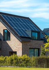 Sustainable home with solar panels on a sunny day.