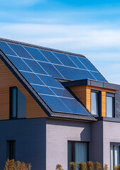 Fototapeta premium Modern home with solar panels on the roof, sustainable energy.