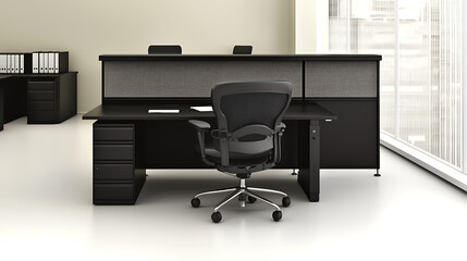 A black office desk with a black chair and a black filing cabinet