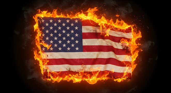 The American flag is waving in the wind, surrounded by flames and sparks against an ominous sky