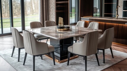 Fototapeta premium A contemporary square dining table with a stone top and luxury dining chairs.