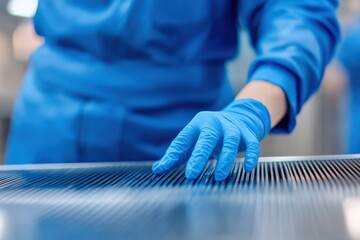 Fototapeta premium Worker's Hand Inspecting Industrial Conveyor Belt