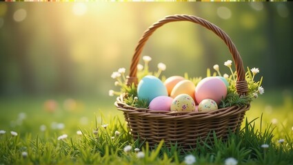 A basket filled with pastel-colored Easter eggs on a grassy patch with small flowers, set in a soft, sunlit outdoor environment, evoking a peaceful spring vibe. Generative, AI,