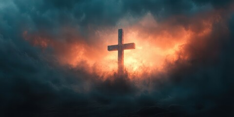 Fototapeta premium Fiery glow behind a cross amidst dark clouds creates a dramatic and spiritual atmosphere at dusk