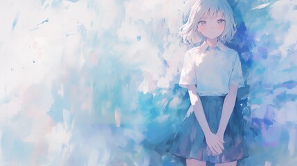 Anime girl in a dreamlike blue abstract background