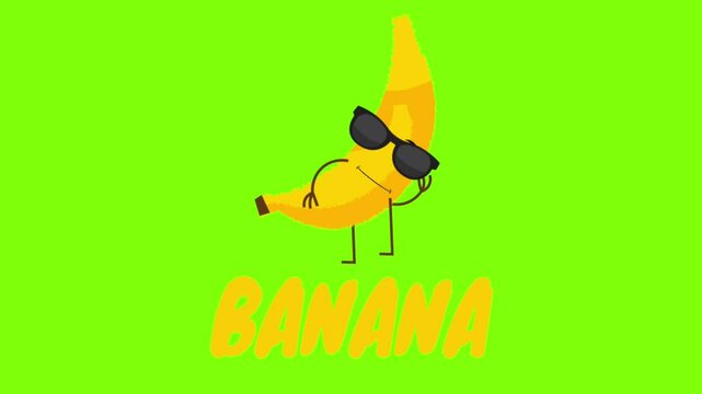3D banana animation video, moving funny with a green screen background