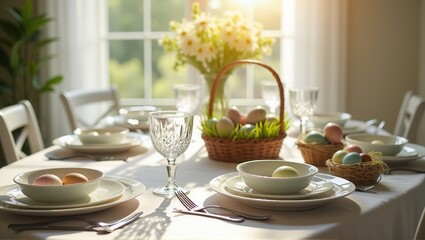 A beautifully set Easter table with pastel-colored eggs in baskets, a napkin with a rustic ring, and soft natural lighting, creating a warm and festive atmosphere. Generative, AI,