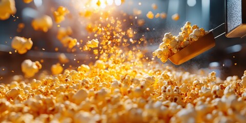 Popcorn kernels bursting in a warm cinema environment during a busy movie screening