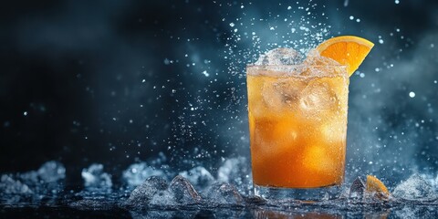 Refreshing cocktail splashing in a glass with ice and orange garnish on a dark background