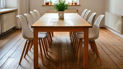 A dining table with chairs arranged neatly, leaving ample walking space.
