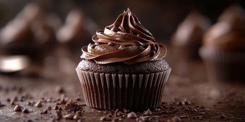 Delicious chocolate cupcake with creamy frosting and chocolate sprinkles displayed on a wooden surface