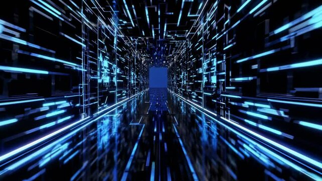 Futuristic video concept of a glowing digital corridor with a vanishing point perspective, showcasing neon blue lines and a sci-fi style.