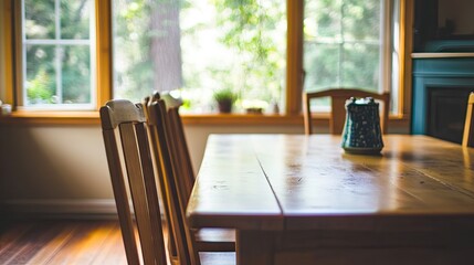 Fototapeta premium A family-sized dining table with comfortable chair spacing in a modern home.