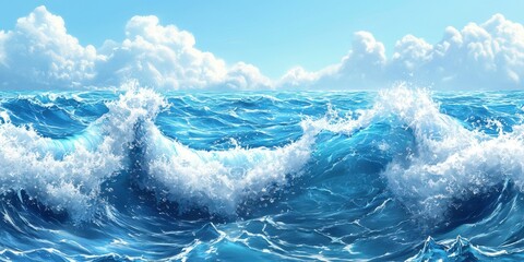 Vibrant ocean waves crashing under a bright sky with fluffy clouds during midday