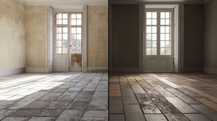 A floor replacement process displayed in a split-image format, showing before and after.