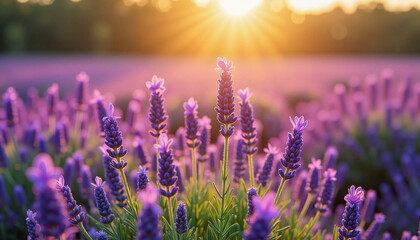 Naklejka premium Lavender flowers blooming in a sunlit field