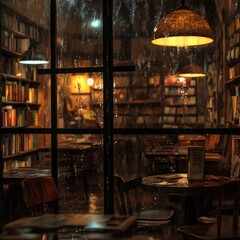 Rainy night at a cozy bookstore cafe