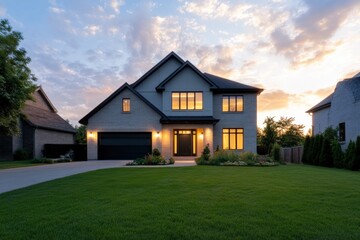 modern house at sunset with green lawn and warm lights