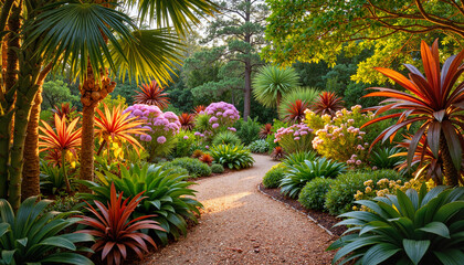 Lush garden path surrounded by vibrant tropical plants