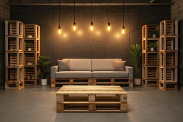 Cozy living room features modern sofa, surrounded by wooden pallet shelves, soft lighting, and lush greenery.