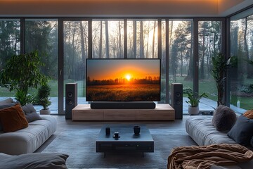 Modern smart tv connected with sound bar. Home entertainment system. Tech, visual, audio entertainment. Stylish interior design. Living room setup. High-quality image, beautiful landscape view,
