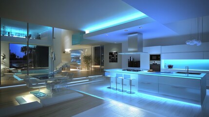 Obraz premium A high-tech kitchen with smart lighting that adjusts brightness for different cooking tasks.