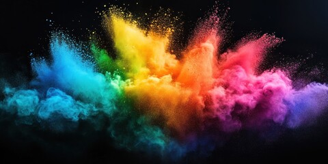 Vibrant rainbow powder explosion isolated against a dark background