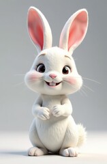 Obraz premium A cheerful white rabbit stands upright showcasing its large ears and bright smile. The character exudes playfulness set against a simple neutral background.