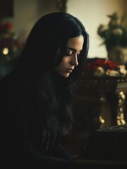 Fototapeta premium Somber Elegance of a Woman at a Solemn Funeral Poised Amidst a Tastefully Arranged Coffin in a Reflective Moment of Mourning