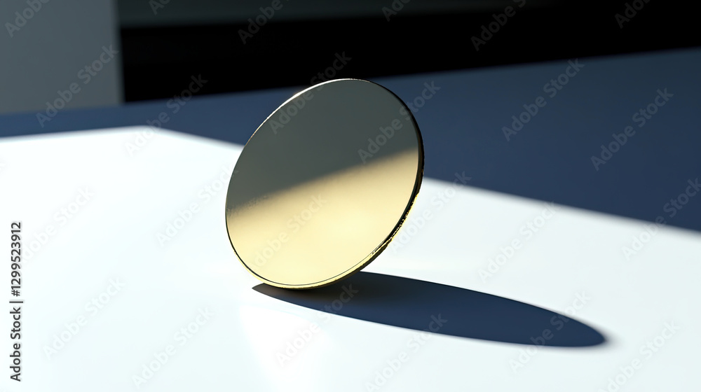 Poster perfectly balanced gold coin standing on its edge, radiating minimalist elegance in soft light