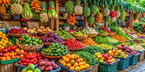 Fototapeta premium Colorful stall overflowing with fresh tropical fruits and vegetables in a vibrant farmers market setting, farmer, vegetables
