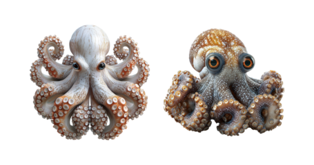Realistic Detailed Octopus Pair with Textured Tentacles and Suction Cups in Natural Grey and Brown Colors Showing Front and Top Views Isolated on Transparent and White Background
