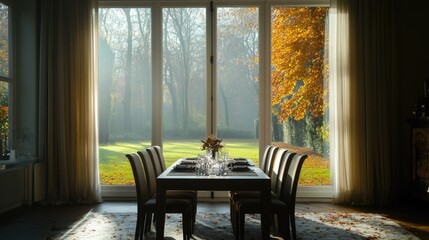 A large, well-lit dining area with a stunning rectangular dining table.
