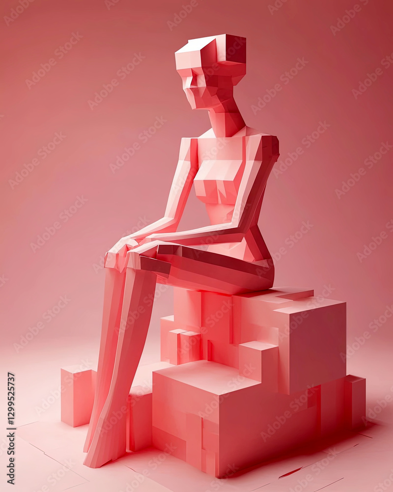 Poster Exploring the Beauty of Geometric Forms in a Serene Pink Setting With a Single Figure
