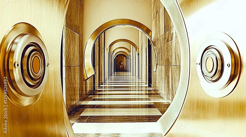 Poster glowing pathway leads toward financial freedom through an open vault door in a minimalistic setting
