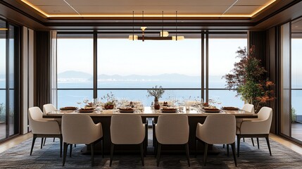Fototapeta premium A luxury dining room featuring a long table with ample surrounding space.