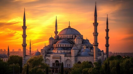 Fototapeta premium Stunning Blue Mosque in Istanbul Bathed in the Golden Hues of a Mesmerizing Sunset, Capturing the Splendor of Ottoman Architecture and Timeless Culture