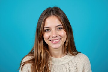 Portrait of a Young Smiling Caucasian Woman with Long Brown Hair Against a Bright Blue Background, Wearing a Light Sweater