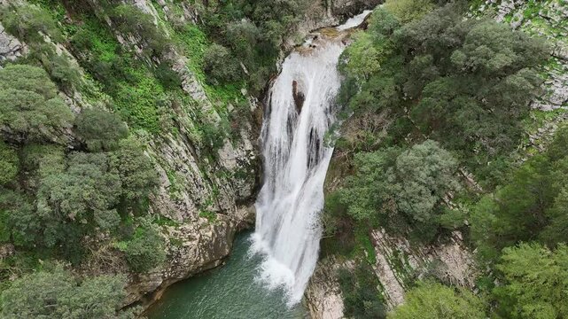 Aerial view of Polylimnio Waterfall in Messinia, Greece after heavy rainfall