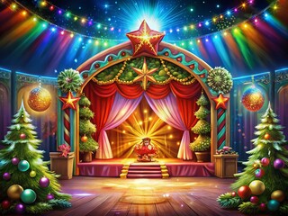 Fototapeta premium Festive Christmas Stage Decor: Garlands, Lights & Holiday Cheer