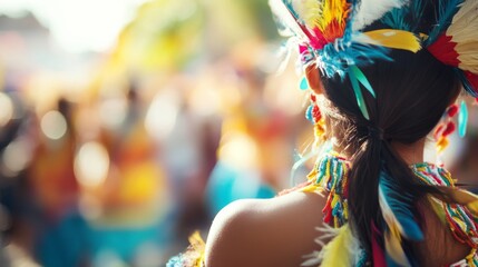 Festive Parade Woman in vibrant headdress, blurred crowd